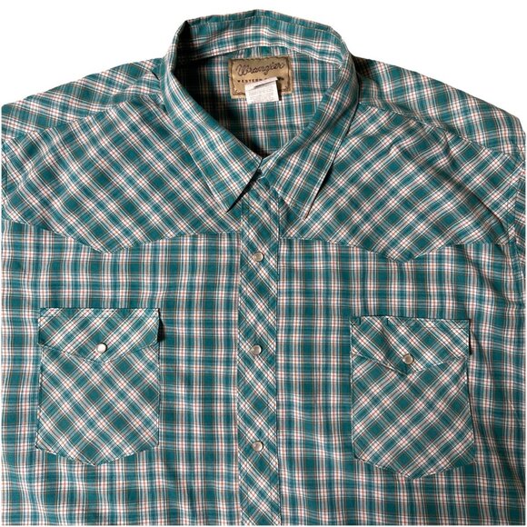 Wrangler Western Pearl Snap Teal Plaid 3XL Short Sleeve Button Down Rodeo Cowboy - Picture 1 of 11